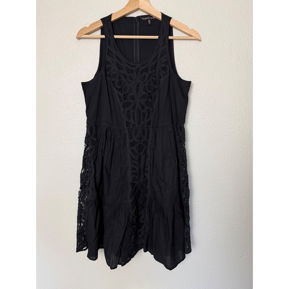 Victoria's Secret Black Crochet Lace Inset Cotton Tiered Mini Dress Size 6